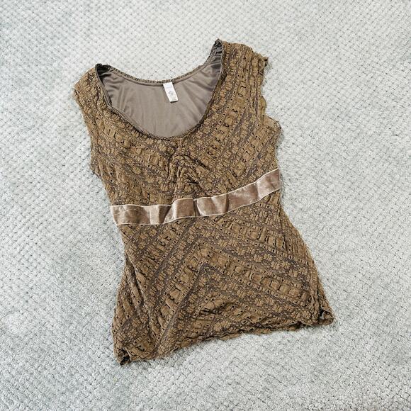 Merona Tops - vtg retro y2k lacy olive green cap short sleeve blouse babydoll L cottage core